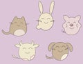 Set of cute round animals (cat, rabbit, pig, cow, dog)